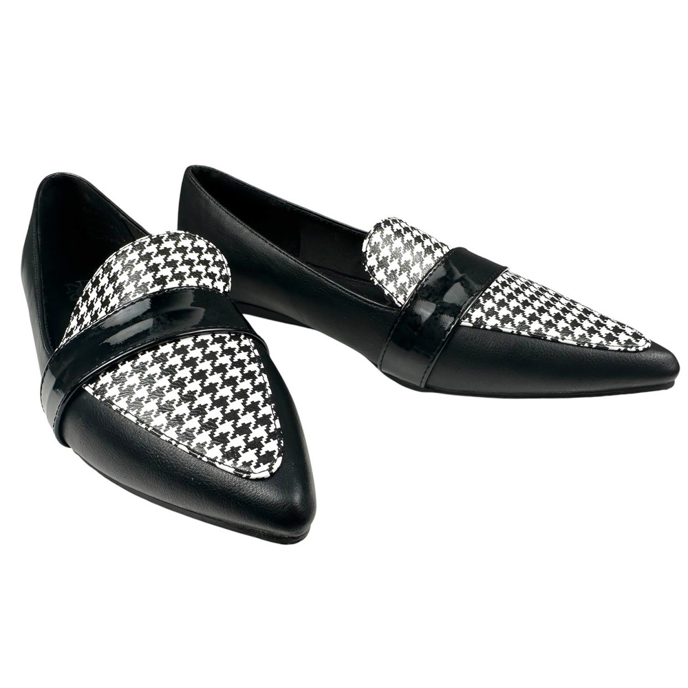 New York & Company Houndstooth Pointed Toe Loafers Black White Flats Womens 7.5
